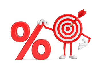 Leinwandbilder - Archery Target and Dart in Center Cartoon Person Character Mascot with Red Retail Percent Sale or Discount Sign. 3d Rendering