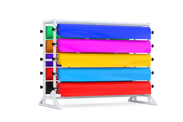 Poster - Multicolor PVC Polythene Plastic Tape Rolls or Foil Samples with Shop Display Rack. 3d Rendering