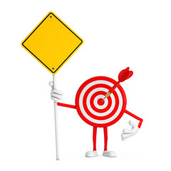 Leinwandbilder - Archery Target and Dart in Center Cartoon Person Character Mascot and Yellow Road Sign with Free Space for Yours Design. 3d Rendering