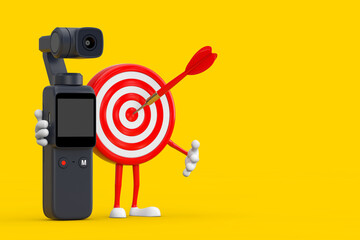 Leinwandbilder - Archery Target and Dart in Center Cartoon Person Character Mascot with Pocket Gimbal Action Camera. 3d Rendering