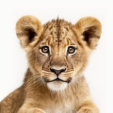 Portrait Of Lion Cub Panthera Leo Isolated On White Background, Generative Ai
