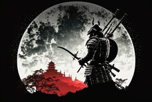 A Samurai Standing In Front Of A Full Moon, Created With Generative Ai Technology
