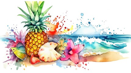 Wall Mural - illustration of pineapple fruit and flower on sand beach, Generative Ai