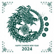 Happy Chinese New Year 2024. Dragon green on white background for card design. China lunar calendar animal. (Translation : happy new year 2024, dragon) Vector.