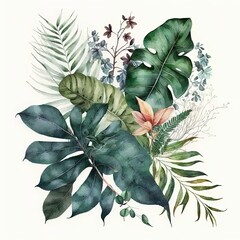  A painting of leaves and flowers on a white background, created with Generative Ai Technology