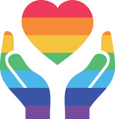 Vector illustration of hand holding LGBTQ rainbow heart colors. Concept of pride, freedom, equality, rights, lesbian, gay, bisexual, transgender love and homosexuality. T-shirt print, emblem or logo