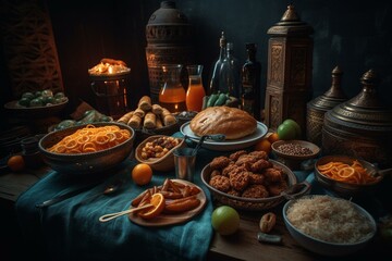 Typical Iftar cuisine during Ramadan showcased on Islamic themed backdrop. Generative AI