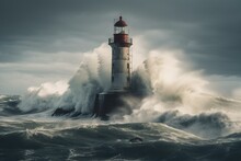 Giant Wave Engulfs Lighthouse. Generative AI