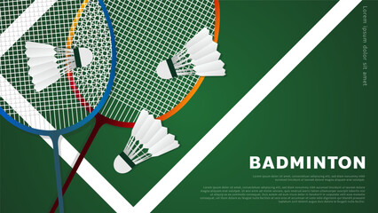 Wall Mural - Badminton racket with white badminton shuttlecock on white line on green background badminton court indoor badminton sports wallpaper with copy space  ,  illustration Vector EPS 10