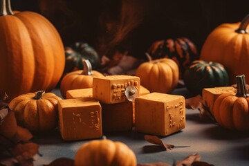 Fall themed banner with space for text, featuring pumpkins on cubes of orange color. Generative AI