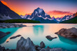 a beautiful sunset with mountains in the background and a lake with glacial water in the foreground created by artificial intelligence