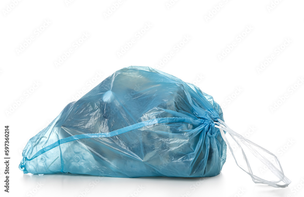 Garbage bag with different trash isolated on white background