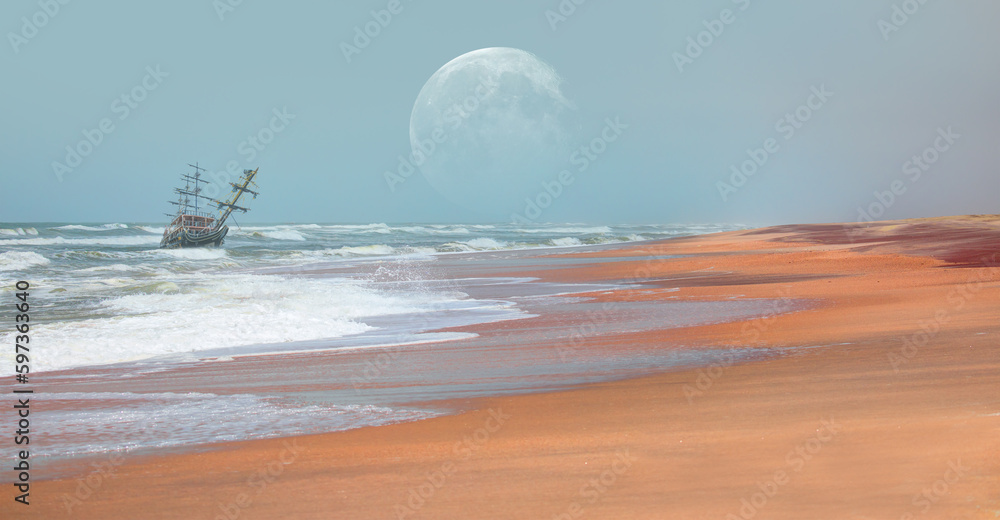 The thrown old ship has sat down on a bank - Namib desert with Atlantic ...