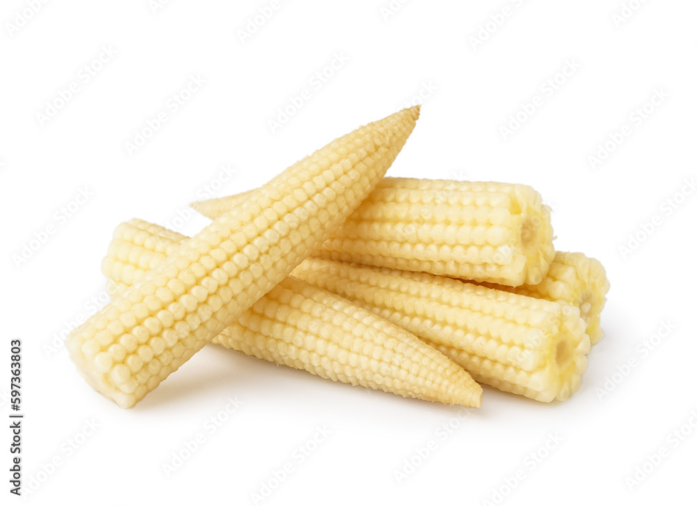 Heap of tasty canned corn cobs on white background