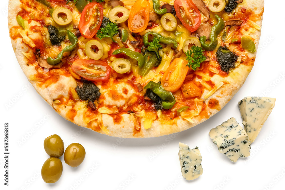 Vegetable pizza with olives and cheese on white background