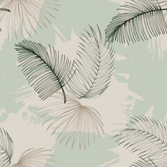  Elegant seamless pattern with green hand drawn line tropical leaves. A contemporary collage with simple shapes. Modern exotic design for paper, cover, fabric, wallpaper, interior. Vector graphics.