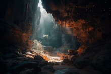 Immersive Cave Exploration With Expansive Views And Blurred Background. Features Detailed Rock Formations In Colorful Terrain. Generative AI