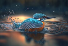 Closeup Of Kingfisher Bird Over River Water. Generative Ai