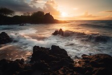 Sunrise At Rolling Waves, Hana Bay Beach Park, Maui, Hawaii. Generative AI