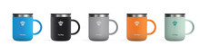 Insulated Coffee Mug Isolated On White Background, Set Of Colored Mugs, Vector Illustration, Realistic Mug Design