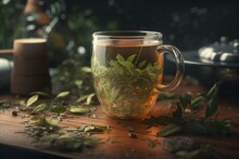 Illustration Of Karigane Stem Tea And Tea Leaves. Generative AI