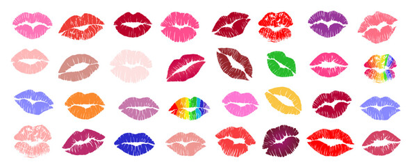 set of lipstick kiss prints. different colors and shapes female sexy lips. lips makeup. female mouth