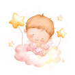 Watercolor illustration cute baby girl sits on cloud with stars