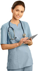 Wall Mural - Female healthcare worker wearing scrubs, a stethoscope and holding a clipboard