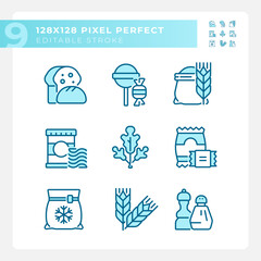 Wall Mural - Supermarket products pixel perfect blue RGB color icons set. Grocery store food. Shopping cart. Isolated vector illustrations. Simple filled line drawings collection. Editable stroke