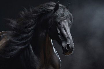 Wall Mural - Gorgeous black horse with beautiful flowing mane photorealistic portrait. generative art