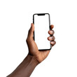 African American man's hand holding black smartphone with blank screen and modern frameless design on transparent background. PNG, ai