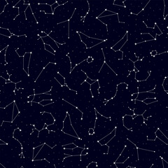 Wall Mural - Golden zodiac constellation, glowing stars seamless pattern, astrological symbols repeating print. Horoscope signs, constellations of sparkling stars on white background vector illustration