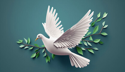 Wall Mural - white dove holding green branch. Generative AI	