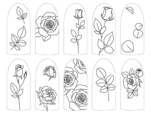 Aufkleber - Nail art pattern template set. Set of one line drawing elements. Decorative rose and leaf sticker. Floral decal. Vector stock illustration.