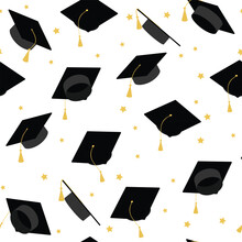 Seamless Pattern With Graduation Cap And Stars. Graduation Background.