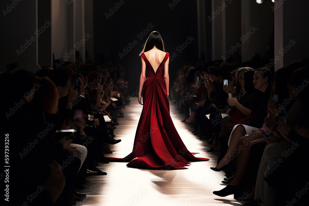 A model girl walks down the catwalk in a red dress at a fashion show ...
