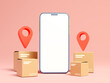 3D smartphone with brown cardboard box and location pins isolated on pink background. online shopping concept express delivery service banner decoration. Mobile phone white screen, sell, gift box.