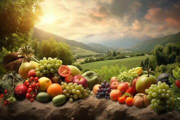 Wall Mural - Fruits vegetable landscape. Generate Ai