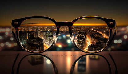 Night cityscape focused on glasses lenses. Generative AI	