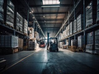 forklift tractor loader at the warehouse. truck parked loading at dock warehouse. road freight industry delivery, Generative AI