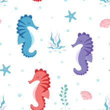 Vector Seamless Pattern With Seahorse And Seaweed