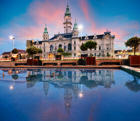 Sticker - Gyor Town hall at night with reflection in water, Hungary