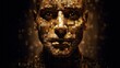A close up of a person's face made up of many small pieces of gold. AI generative image.