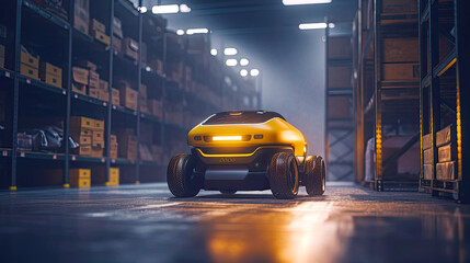 Yellow robotic vehicle on wheels as solution for fully automated warehouse. Postproducted generative AI illustration.