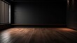 © Nadia - Empty room, dark wall with beautiful chiaroscuro and wooden floor. Minimalist background for product presentation, mockup. Generative AI
