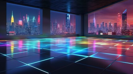 Sticker - Empty interior with concrete floor and night cityscape view .Futuristic illustration of future technologies. Generative AI