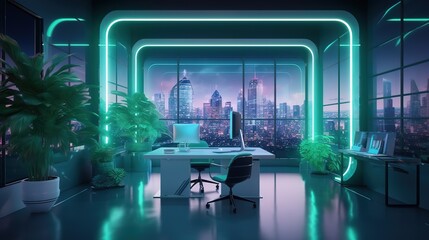 Sticker - Office room with blank computer display,table,chair,cement floor,glass walls with night city view. Futuristic illustration of future technologies. Generative AI