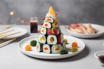 Wall Mural - Funny edible Christmas tree made from sushi, creative idea for japanese restaurant, New Year food background, holiday, celebration, food art concept, generative ai