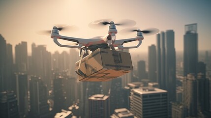 Drone with cardboard box in the sky. Shipping concept, wireless remote control parcel drones air delivery. Modern logistic system. Express shipping, business technology concept. Generative AI