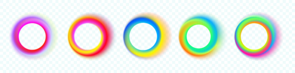 Poster - Color gradient circles, neon light abstract shapes with color gradation, vector transparent background. Logo template with color blend mesh of chromatic gradient flow